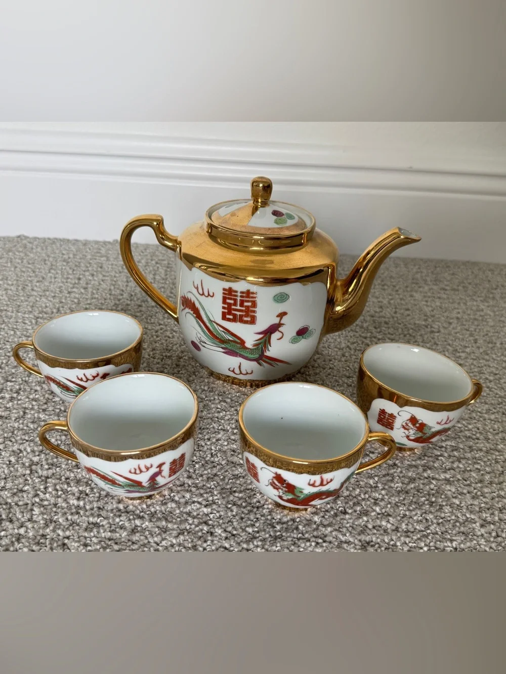 Gold-Trim Porcelain Dragon Tea Set